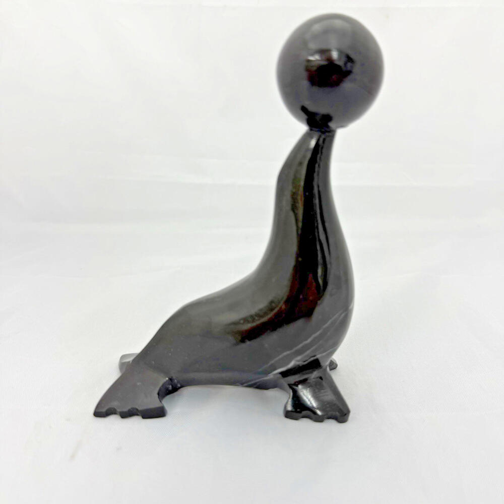Hand Carved Seal Figurine With Ball Black Onyx Marble 6" Tall Vintage